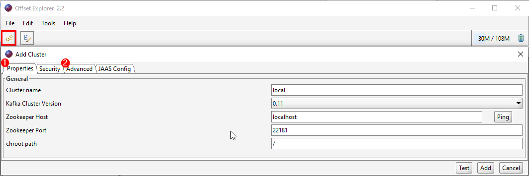 Offset Explorer - Creating a cluster Screenshot