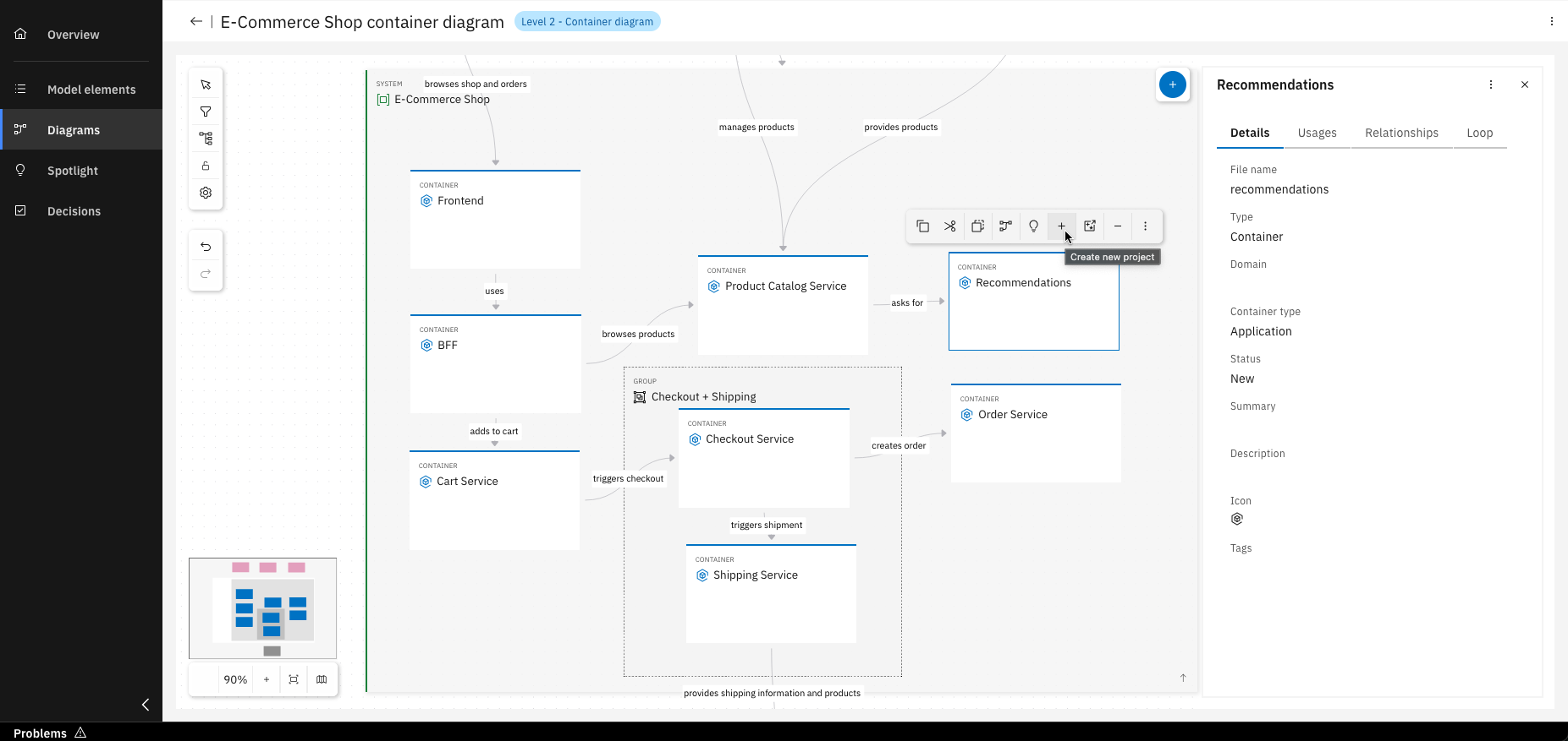 Diagram with a container and the "Create new project" option highlighted