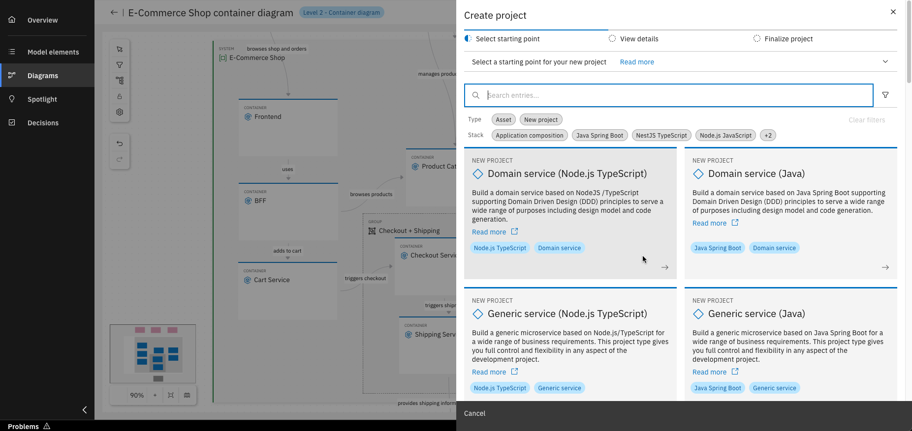 Interface for selecting a service type for the new project