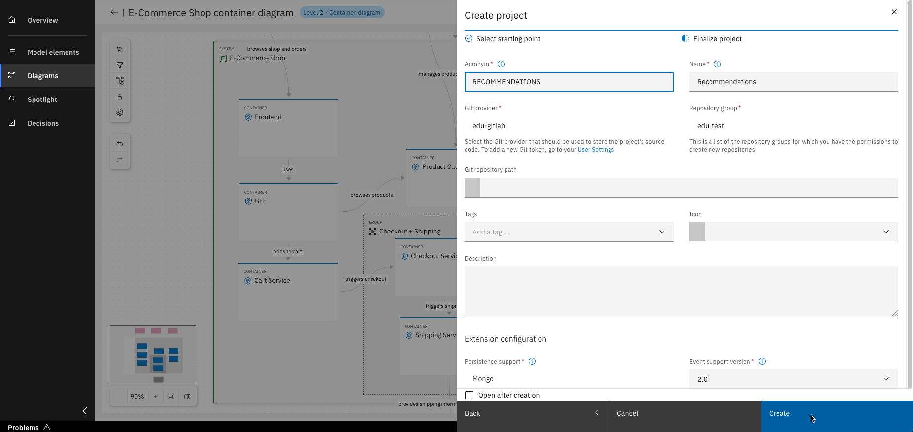 Form to enter project details before creation