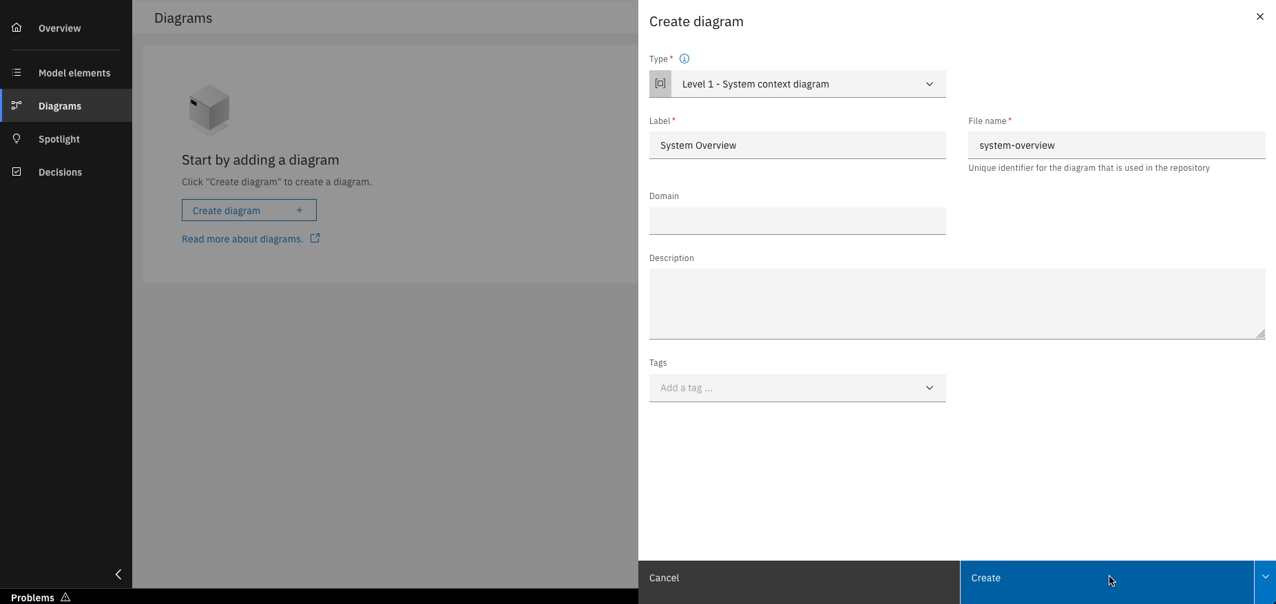 Form to input details for creating a new diagram