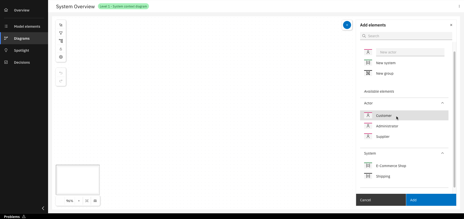 Interface for adding or creating model elements with drag-and-drop and search