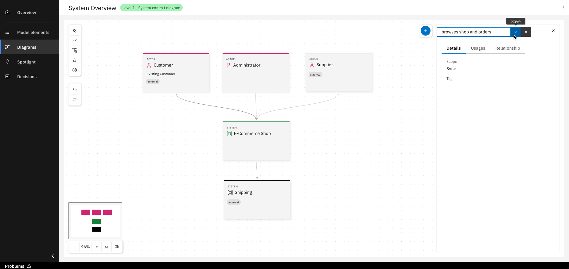 Opened menu from a relationship arrow with naming option