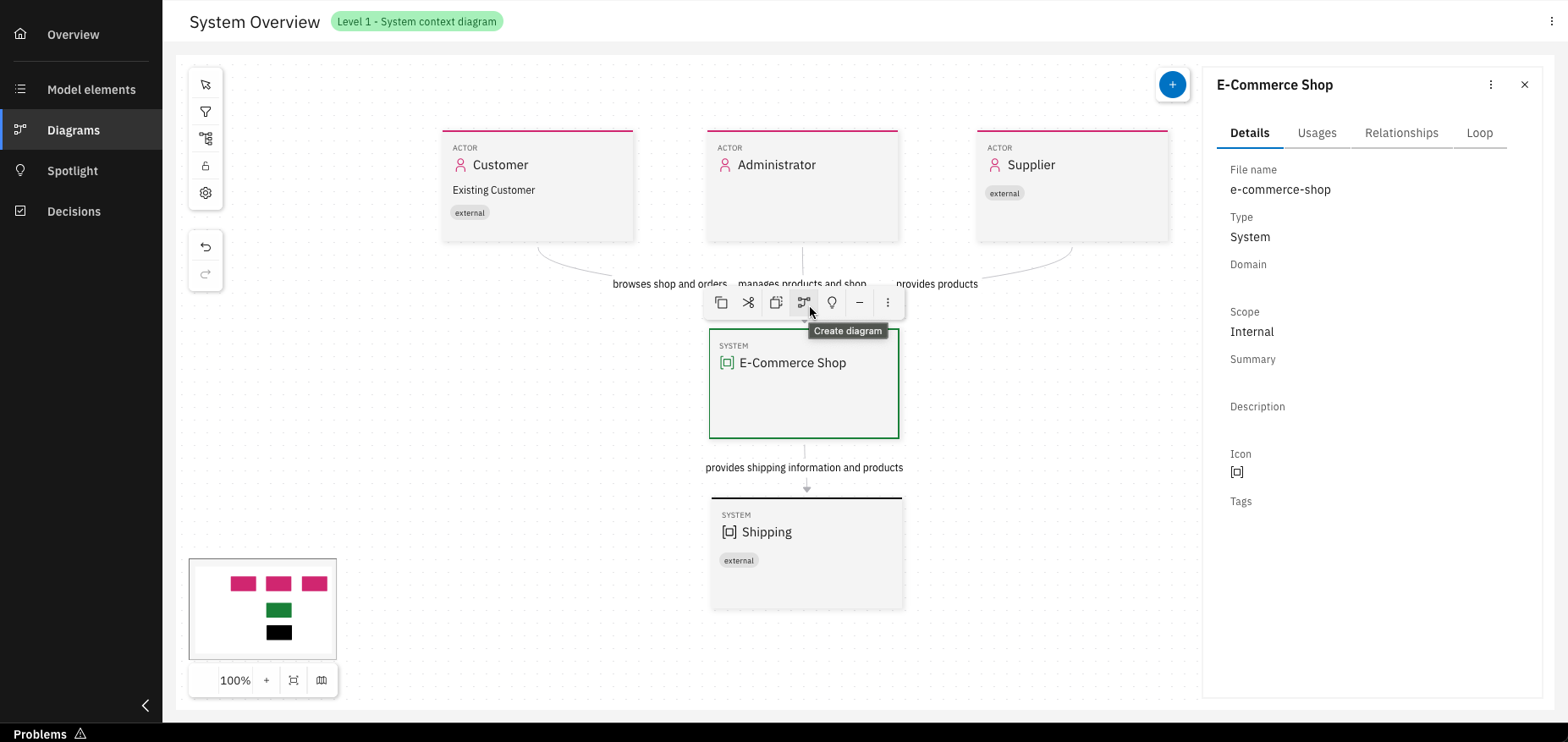 UI showing system selection and "Create diagram" button