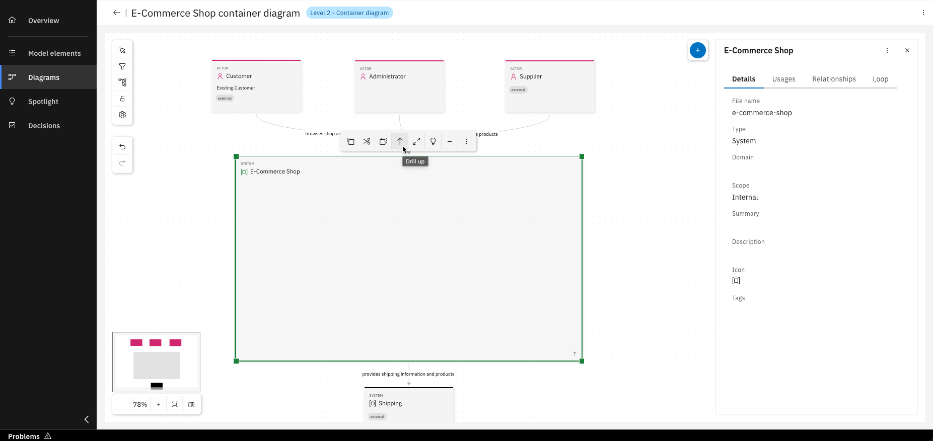 Interface with drill-up option from Level 2 to Level 1