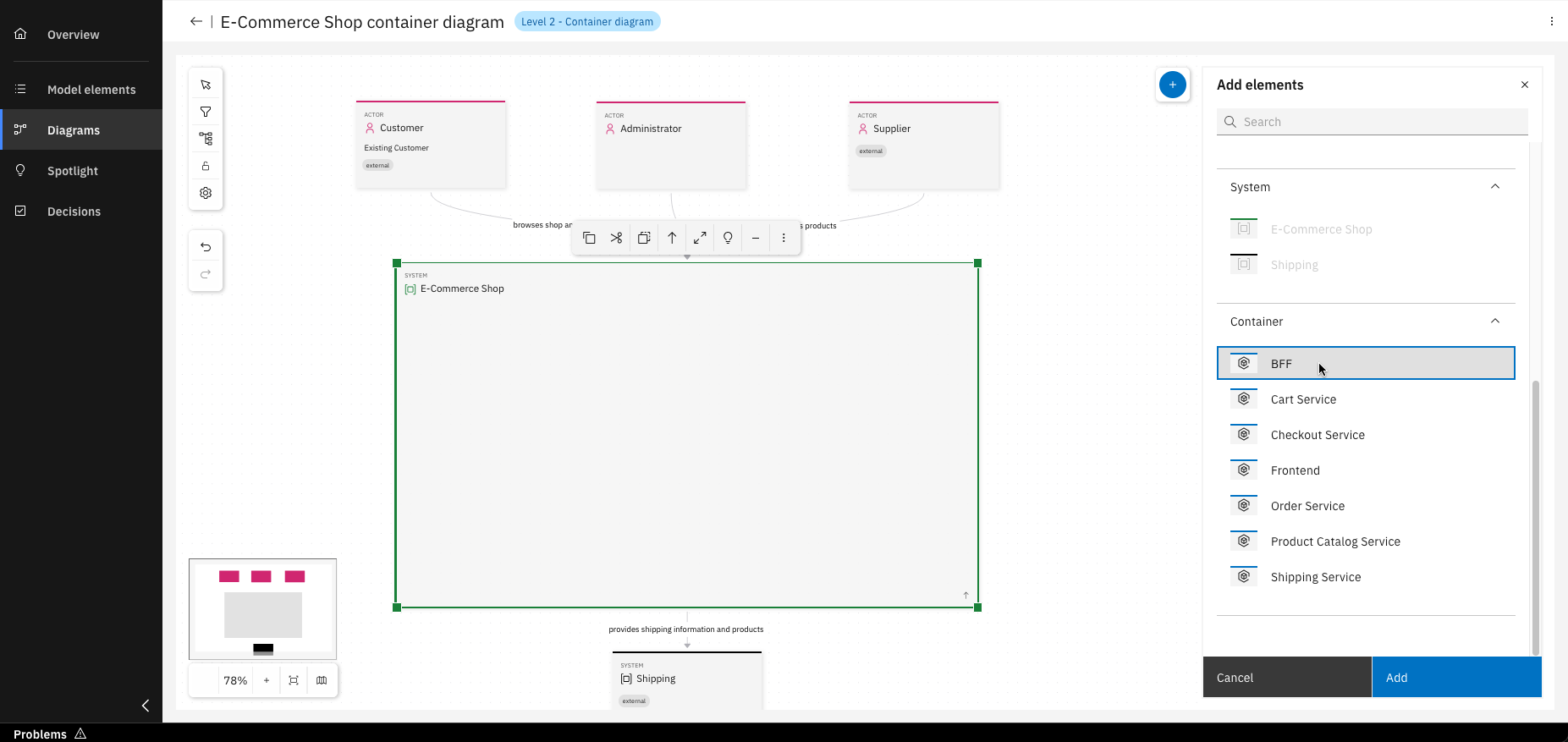 Model elements being added via drag-and-drop or selection