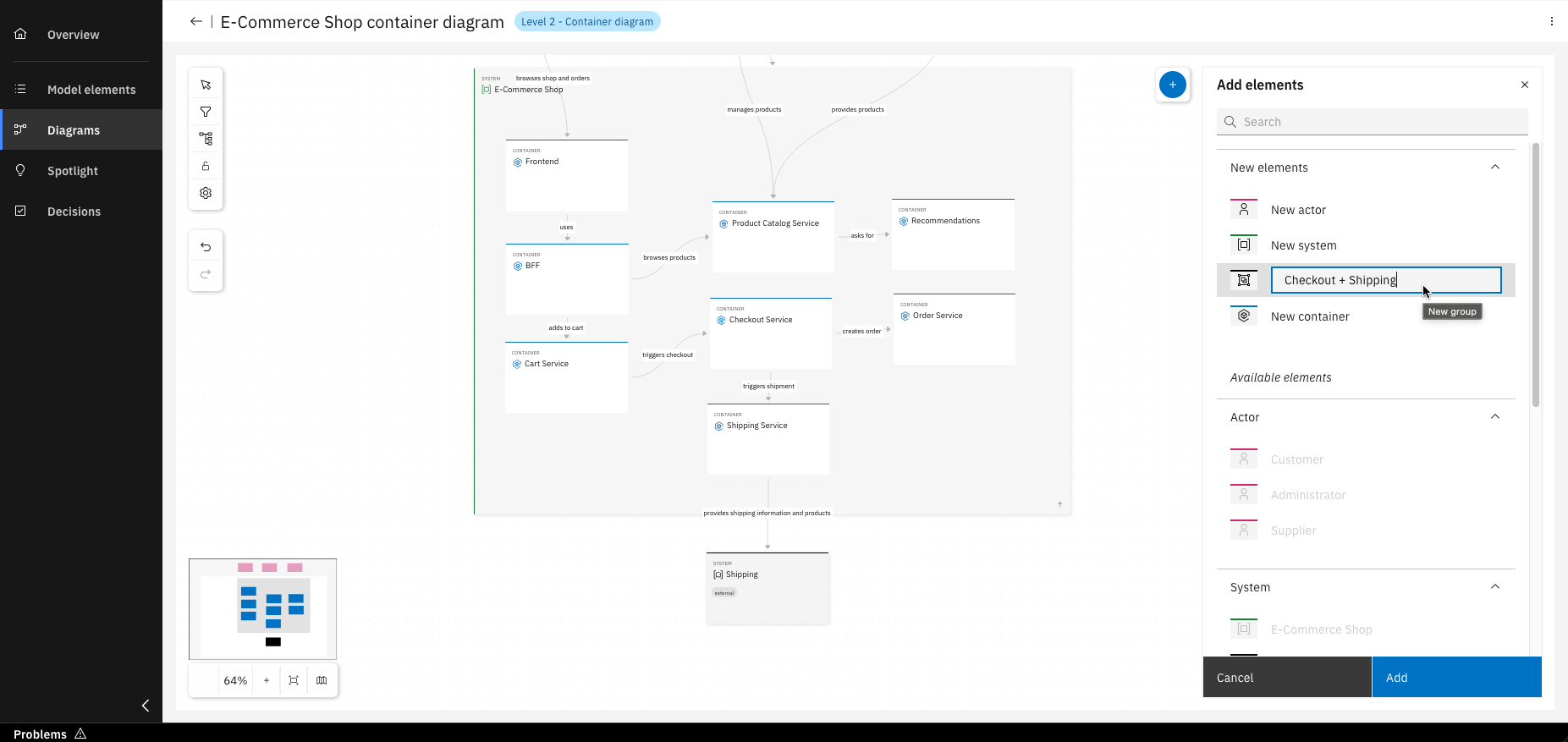 Interface with group creation for container elements