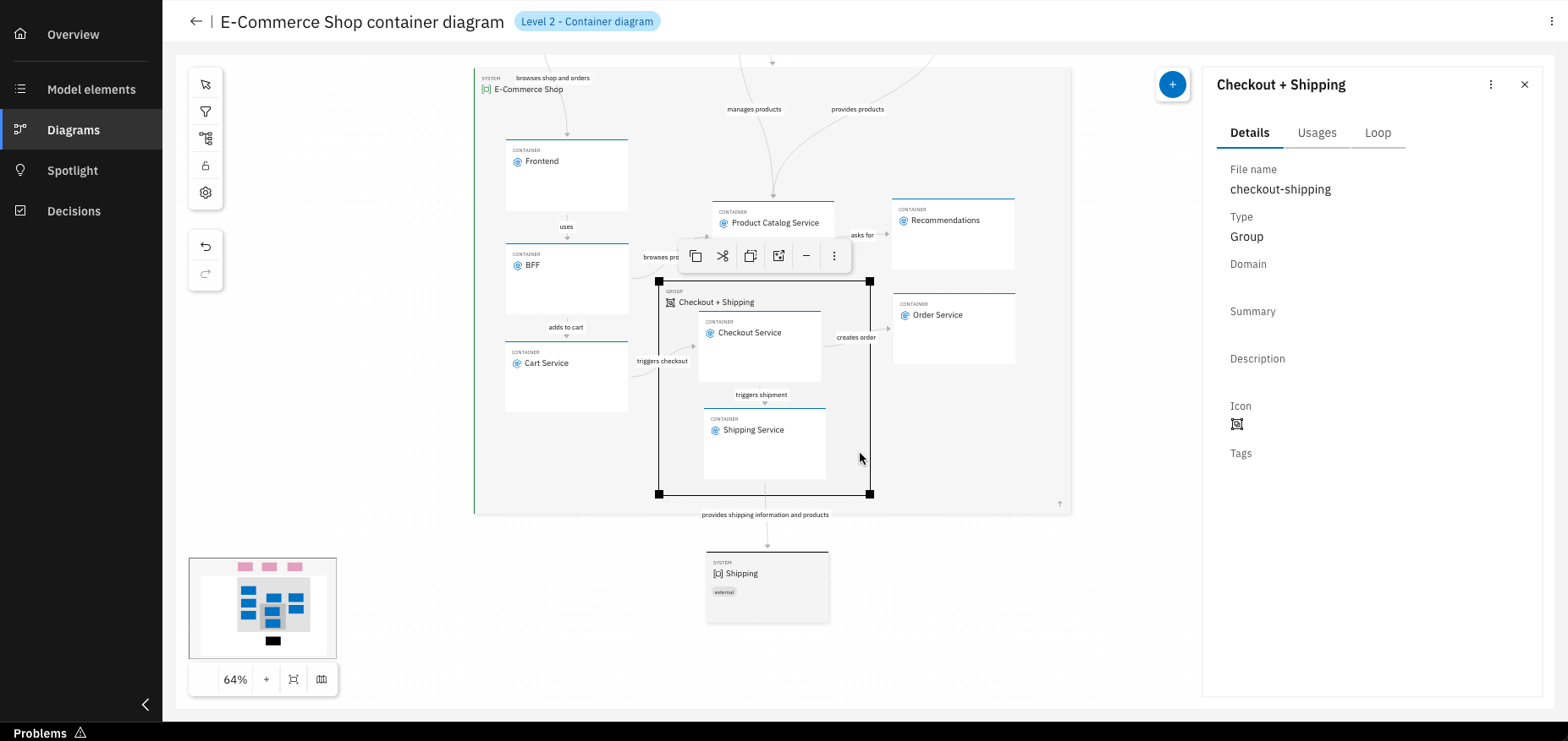 Containers being dragged into a group within the diagram