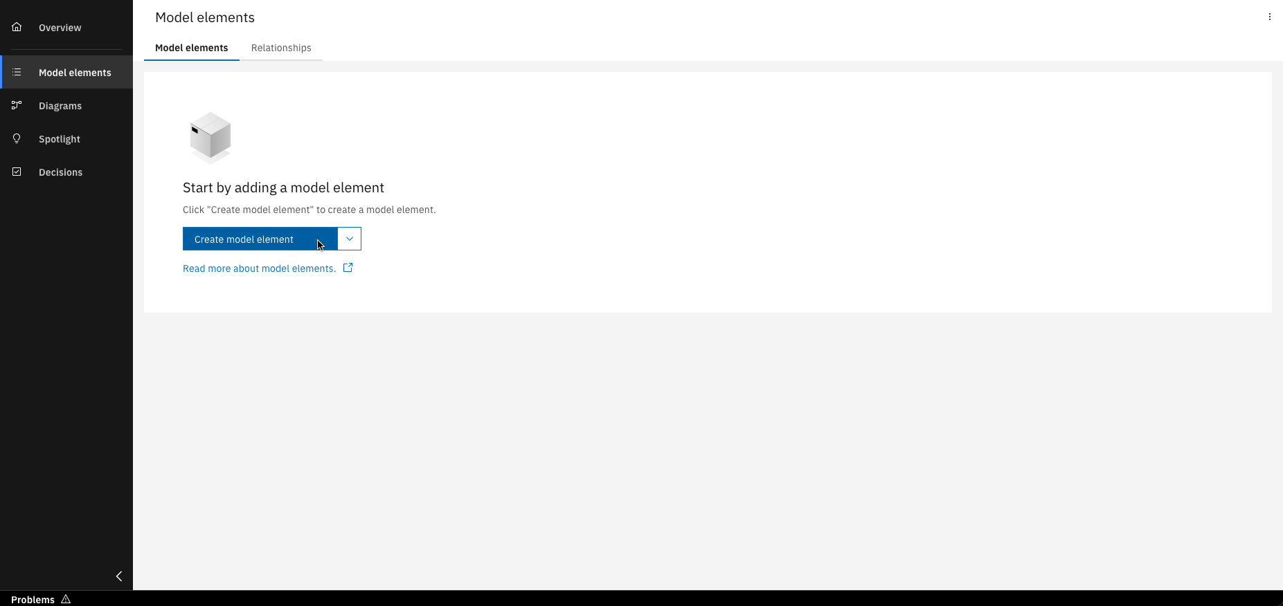 Create model element button highlighted in the UI