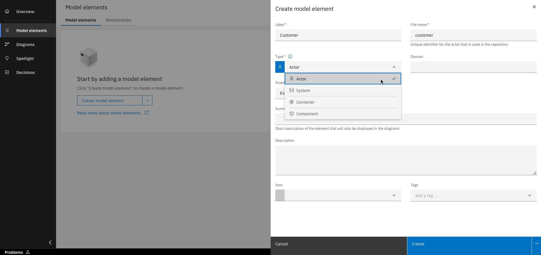 Dropdown menu for selecting a model element type