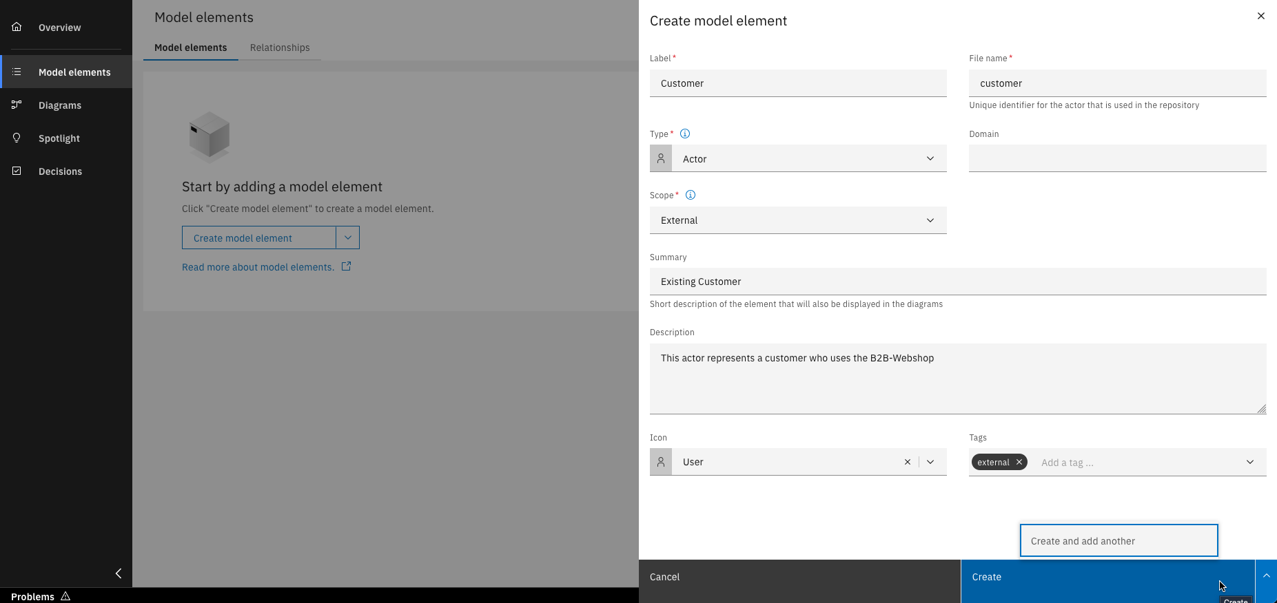 Option to create and add another model element