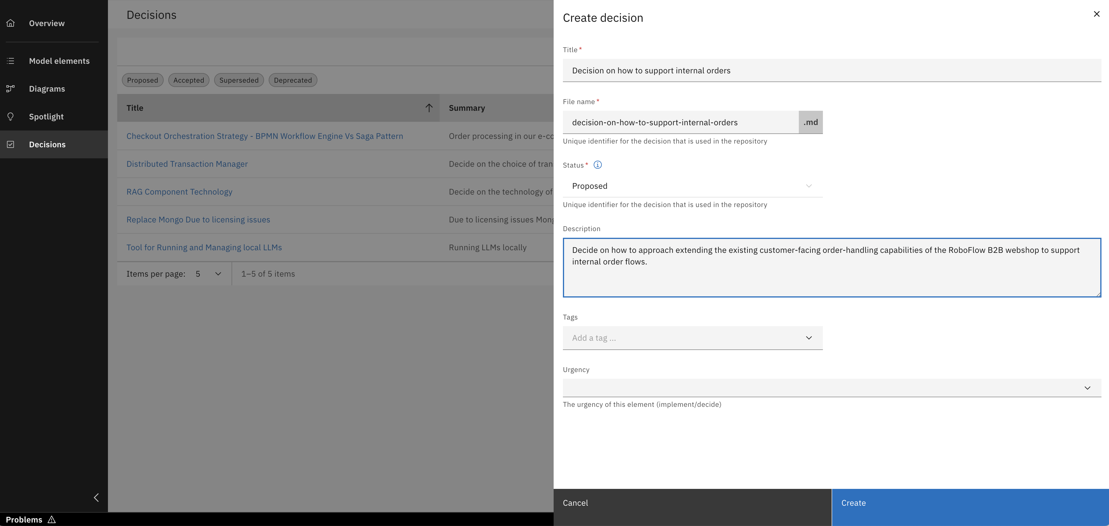 Click on 'Create decision' button