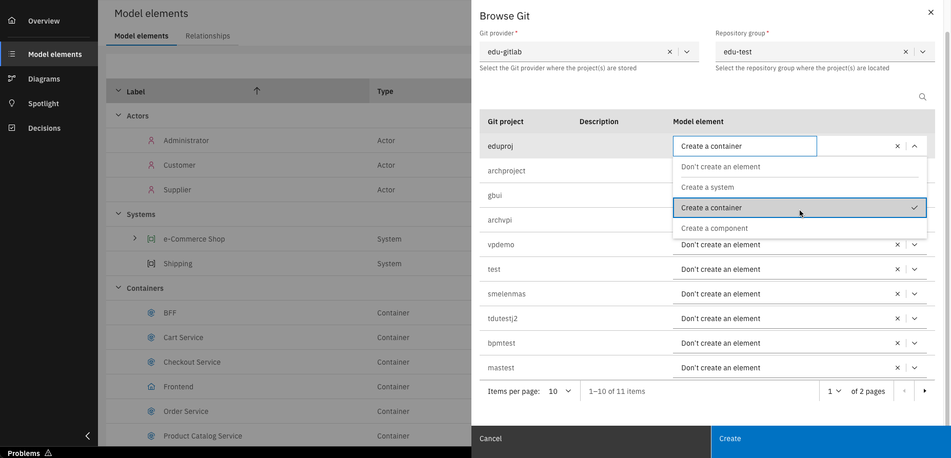 Model element type selection