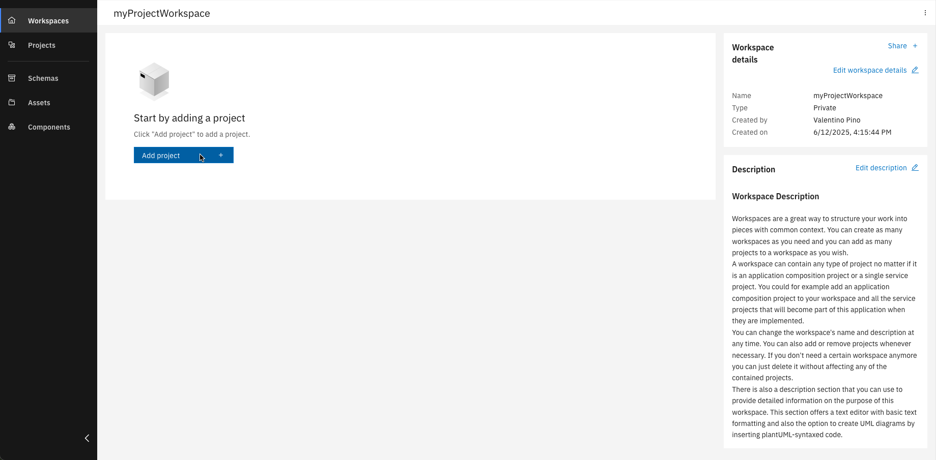 Workspace with "Add project" button highlighted