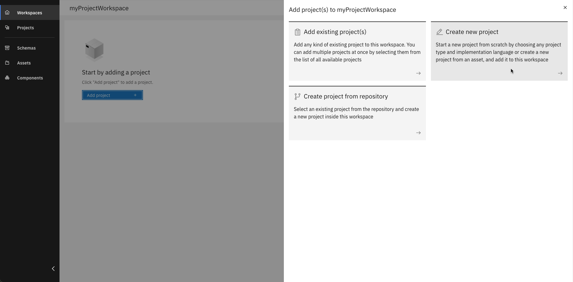 Empty workspace with "Create new project" option selected