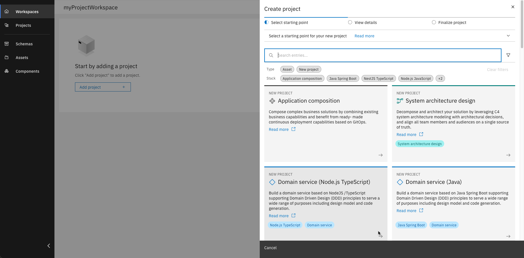 Project creation wizard showing different starting points