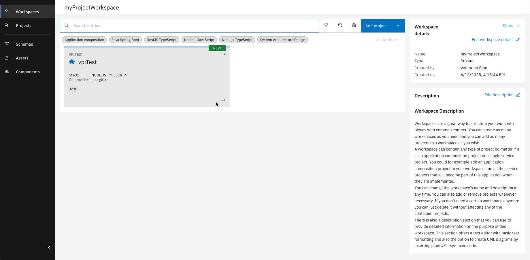 New project card displayed in the dashboard