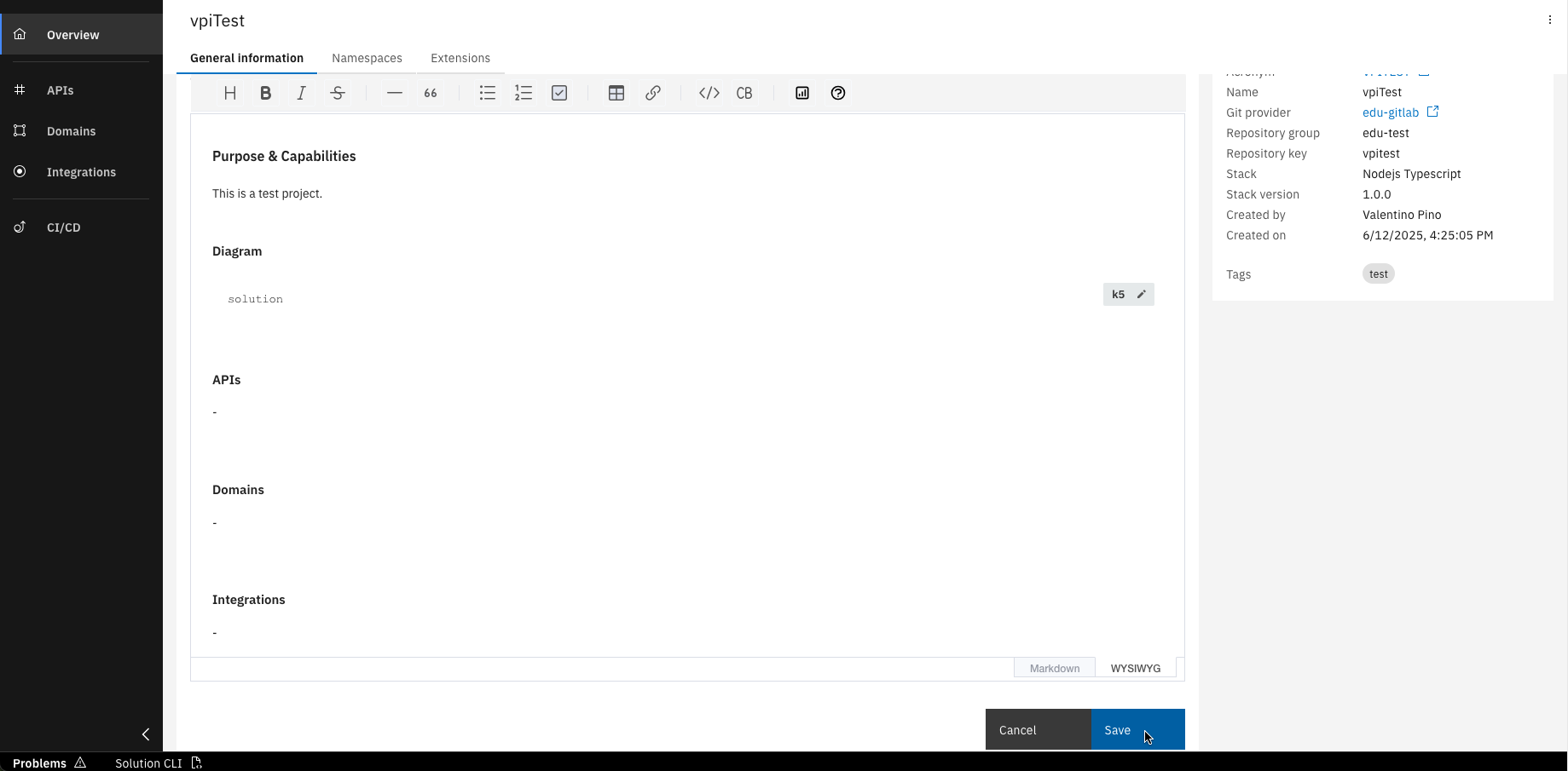 Documentation editor showing markdown and WYSIWYG options