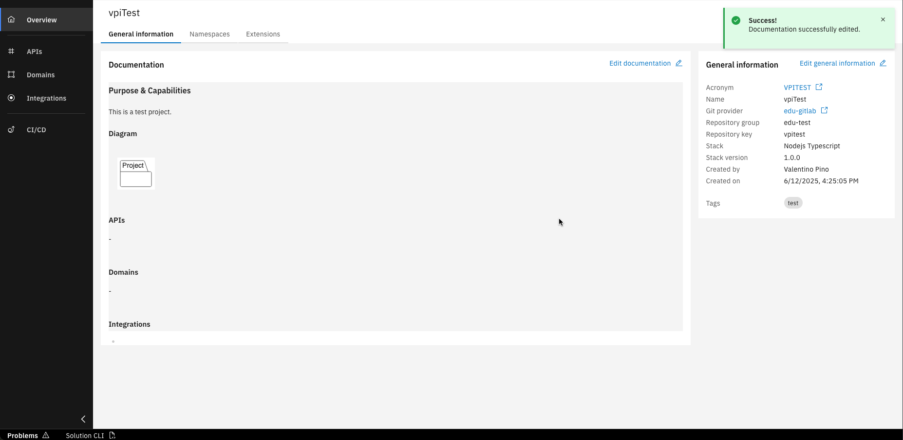 Confirmation of created project with edited documentation