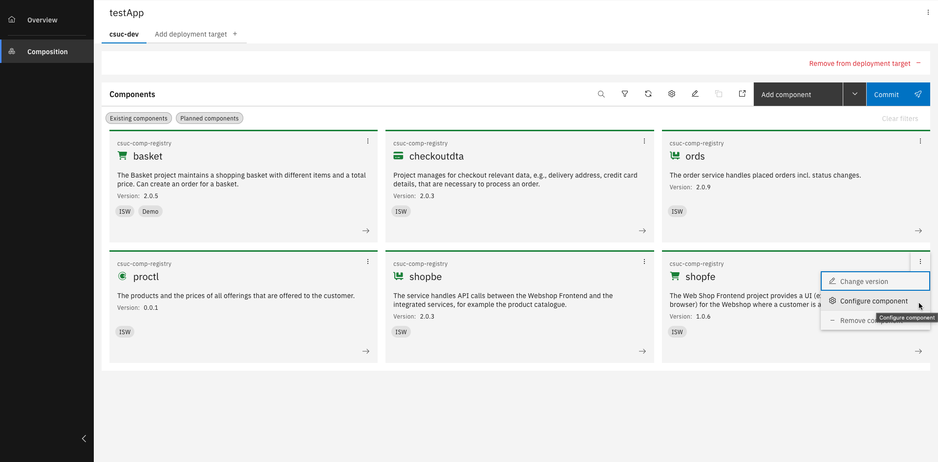 Dropdown menu for frontend component showing "Configure component" option
