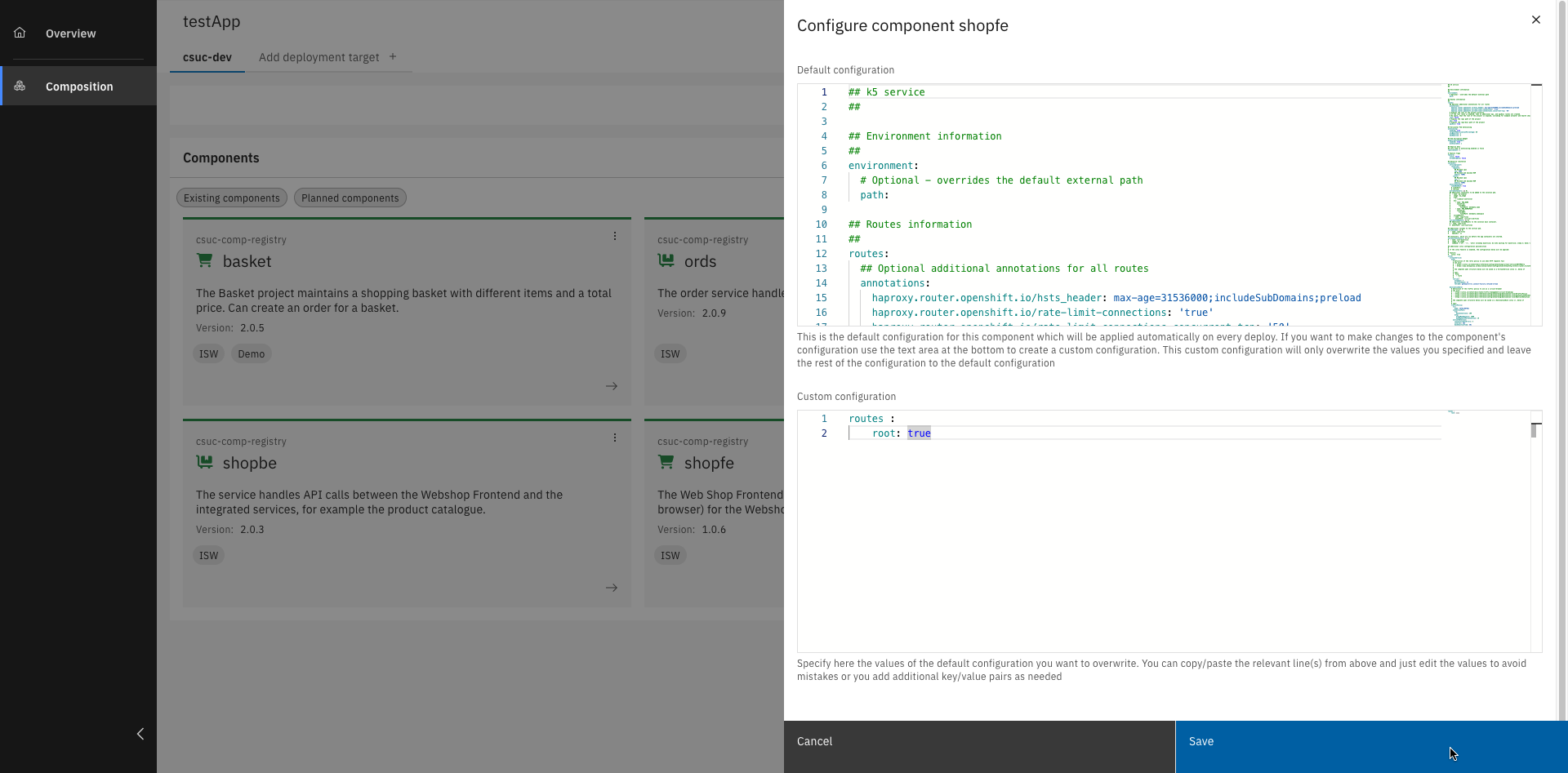 YAML editor showing custom route configuration