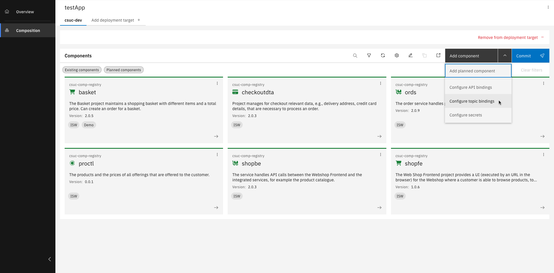 Component list showing topic bindings option for a service