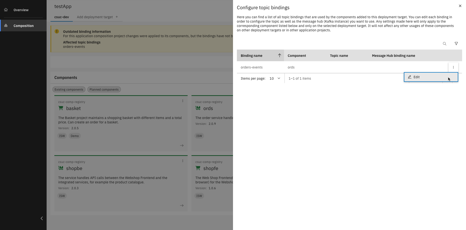 Dropdown with edit option for topic bindings