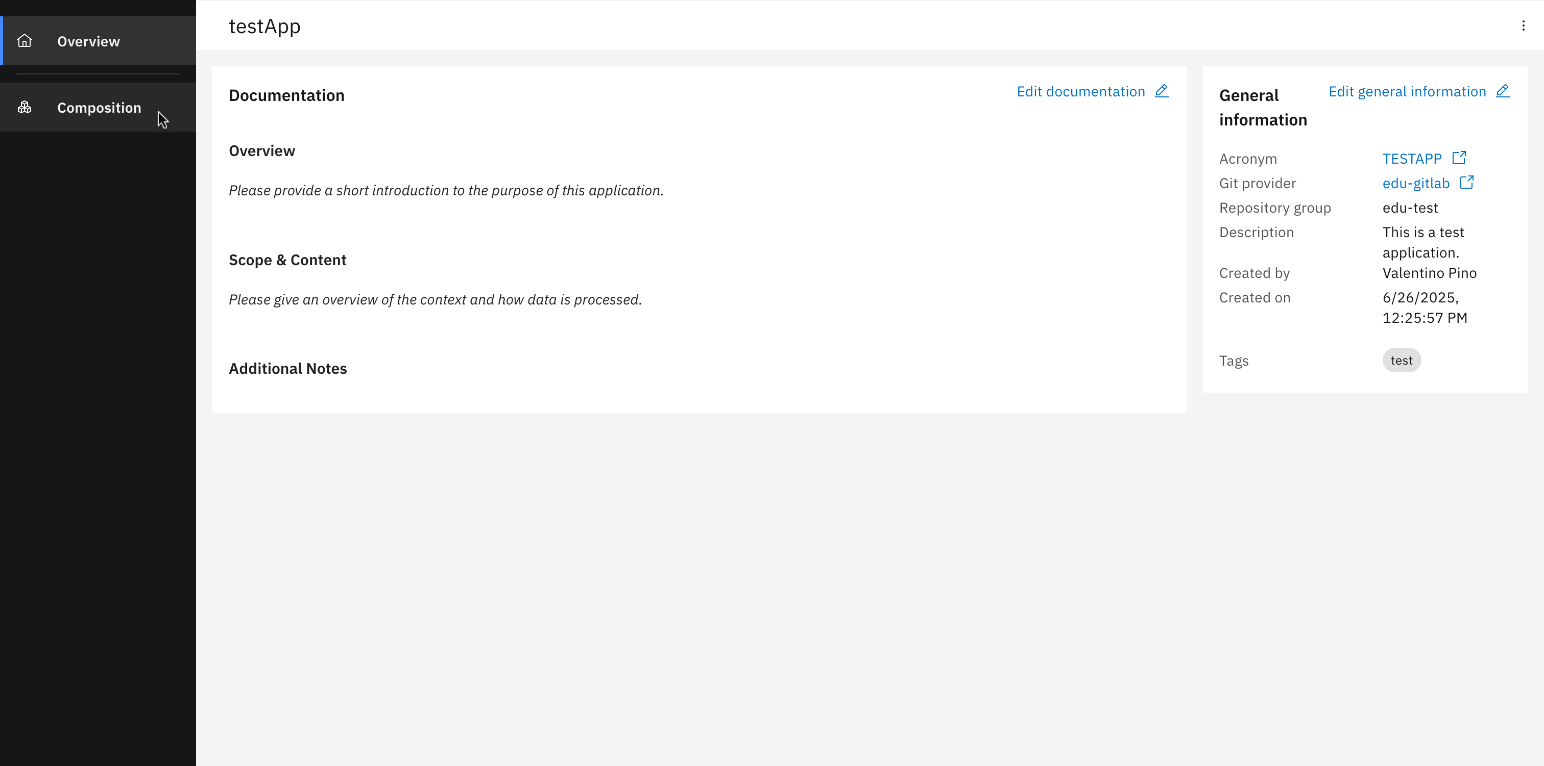 Project workspace view showing the "Composition" section in the sidebar