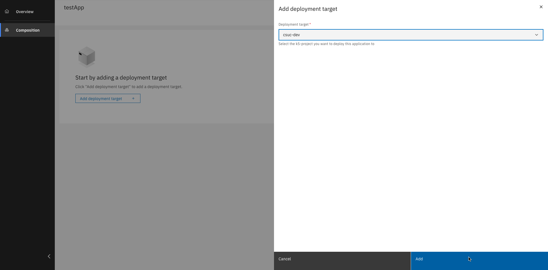 Form to define a deployment target with input fields for environment details