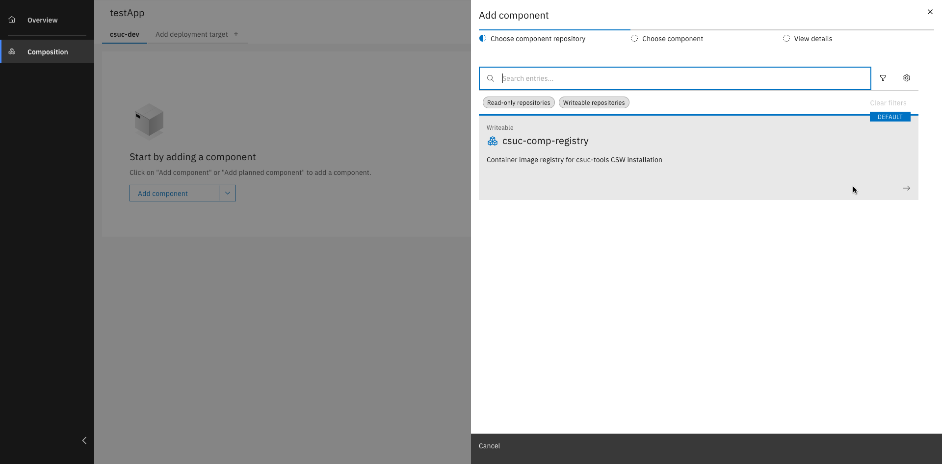 Component repository selection screen