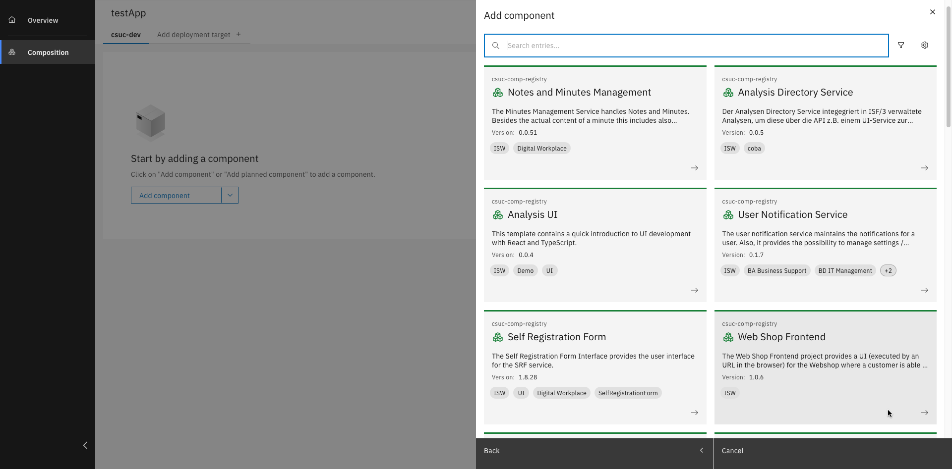 Component list with checkboxes for selection