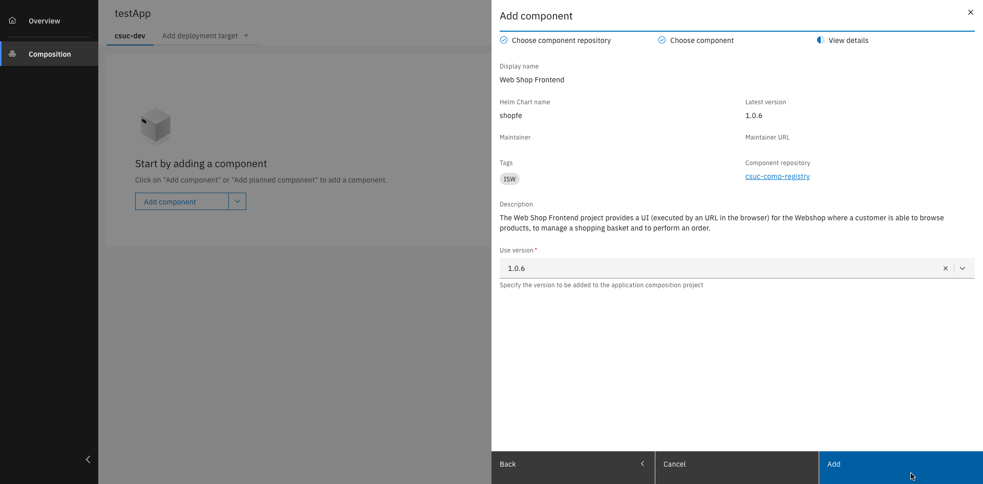 Version selection screen for chosen components