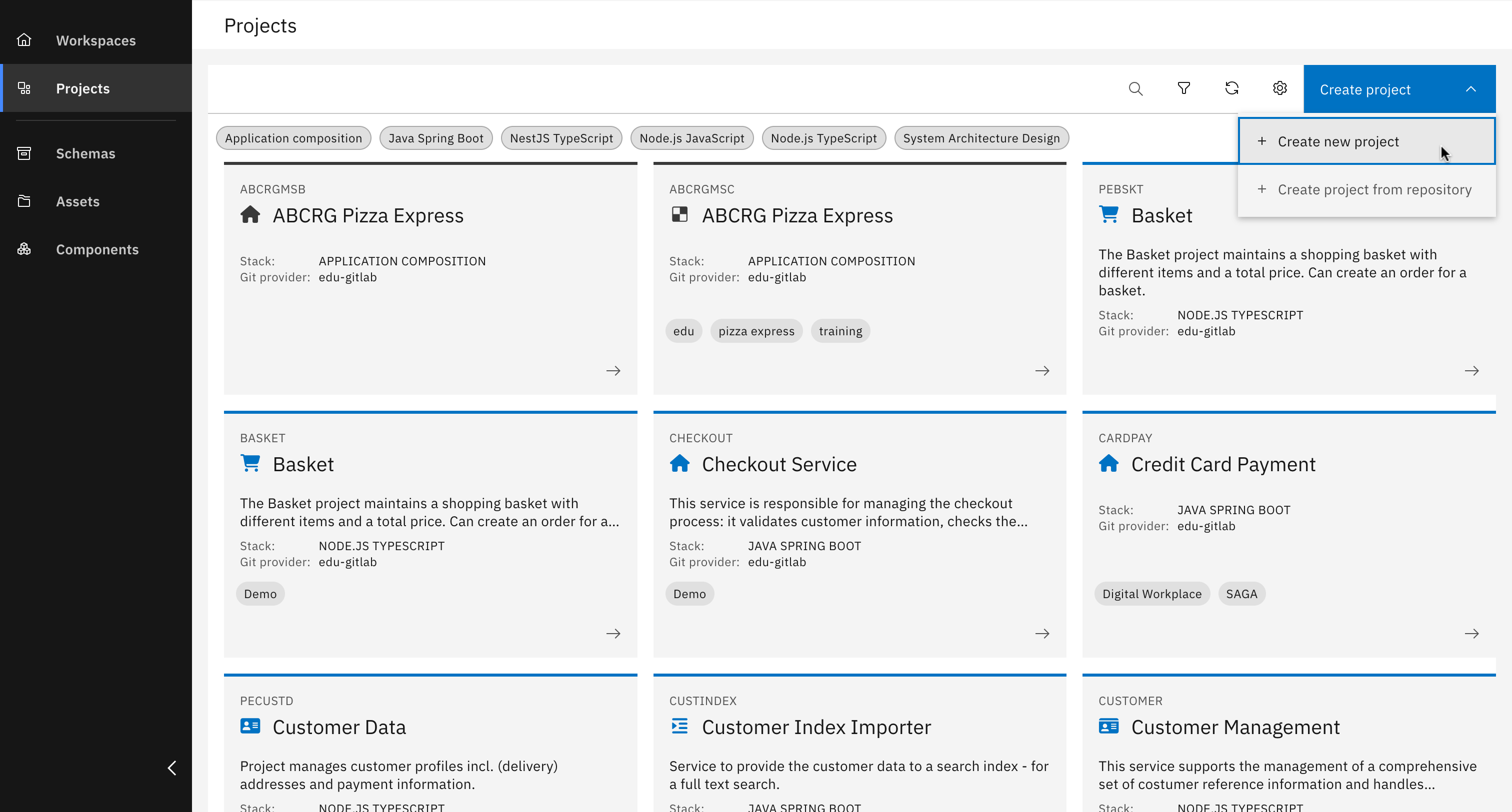Workbench interface showing the "Create Project" dialog