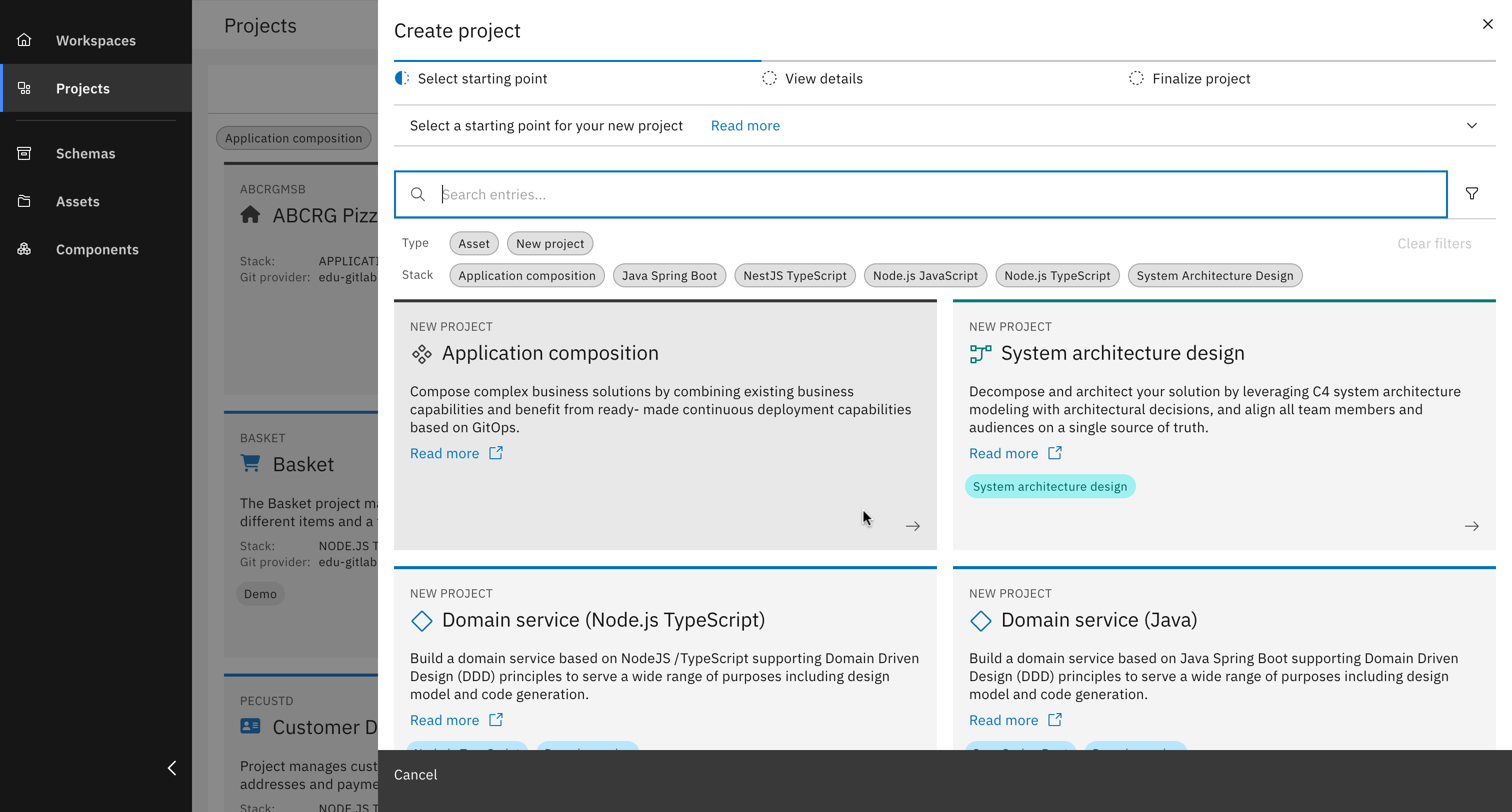 Dialog with different project types, "Application composition" selected