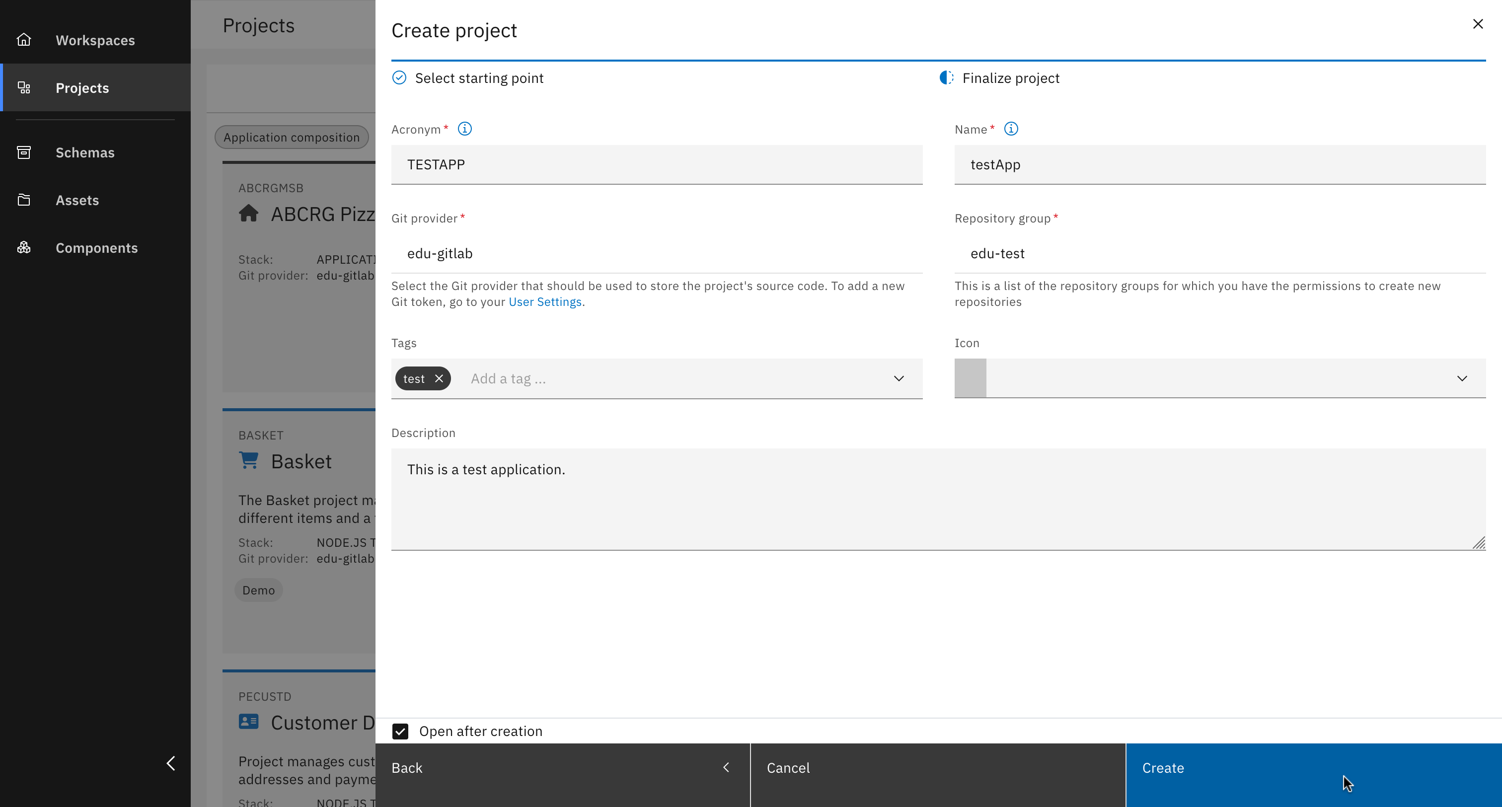Form for naming and describing a new application composition project