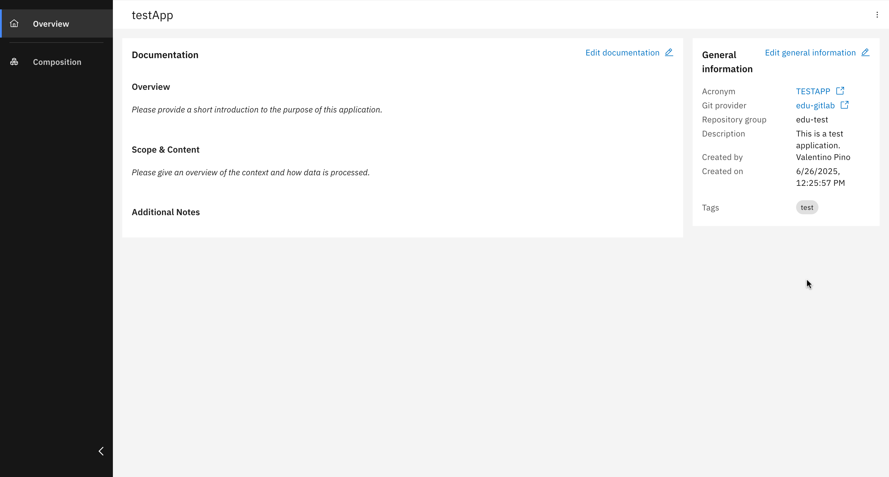 Confirmation screen for successfully created application composition project