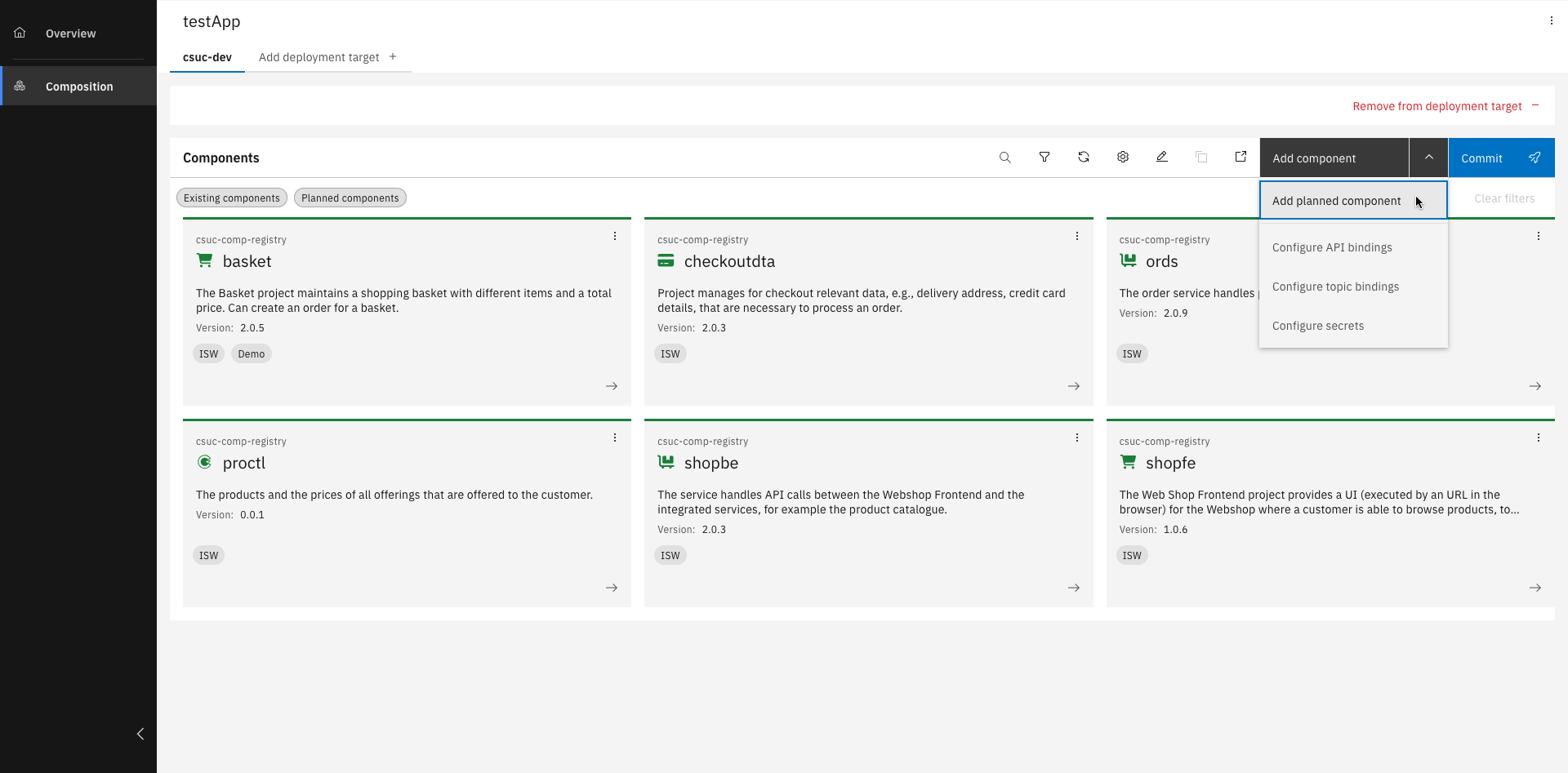 Option to add a planned component in the "Add component" menu