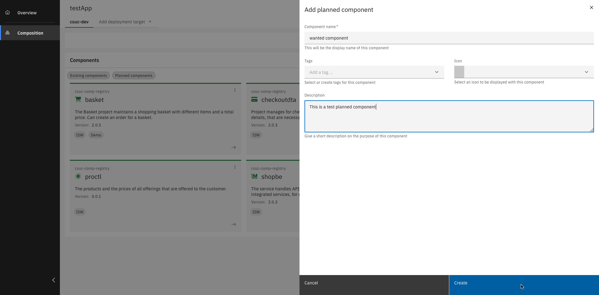 Form for entering details of a planned component