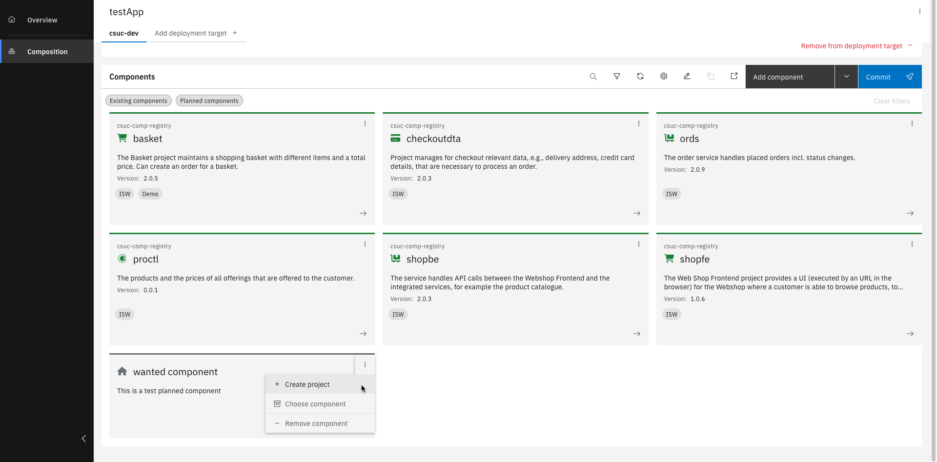 Planned component listed in the component table
