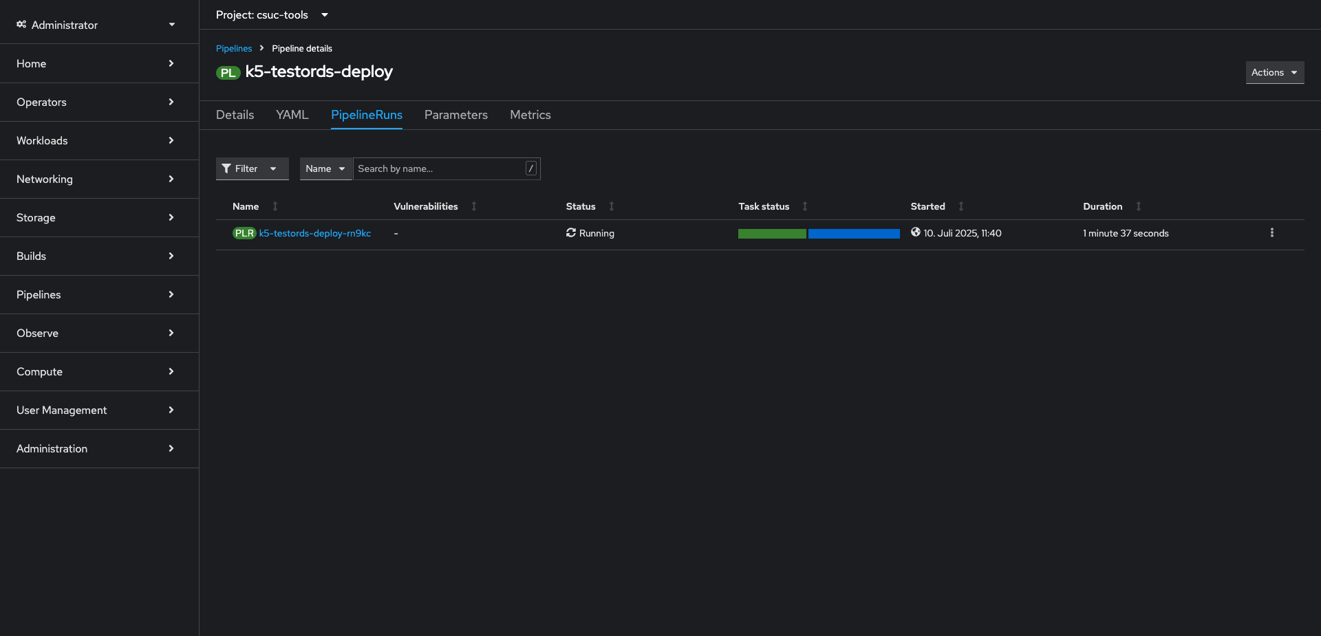 Pipeline detail page in Red Hat