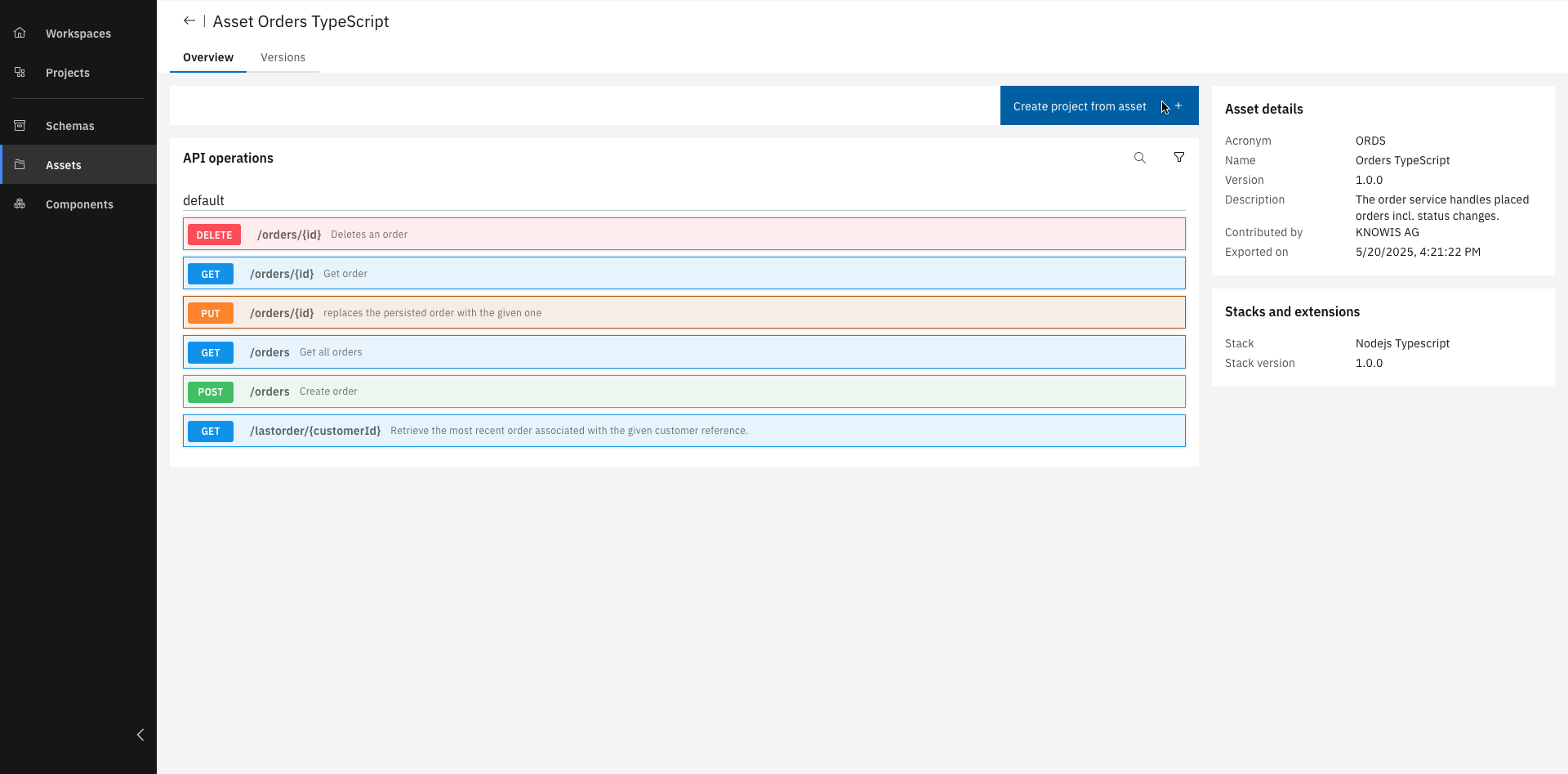 Asset view with project creation button