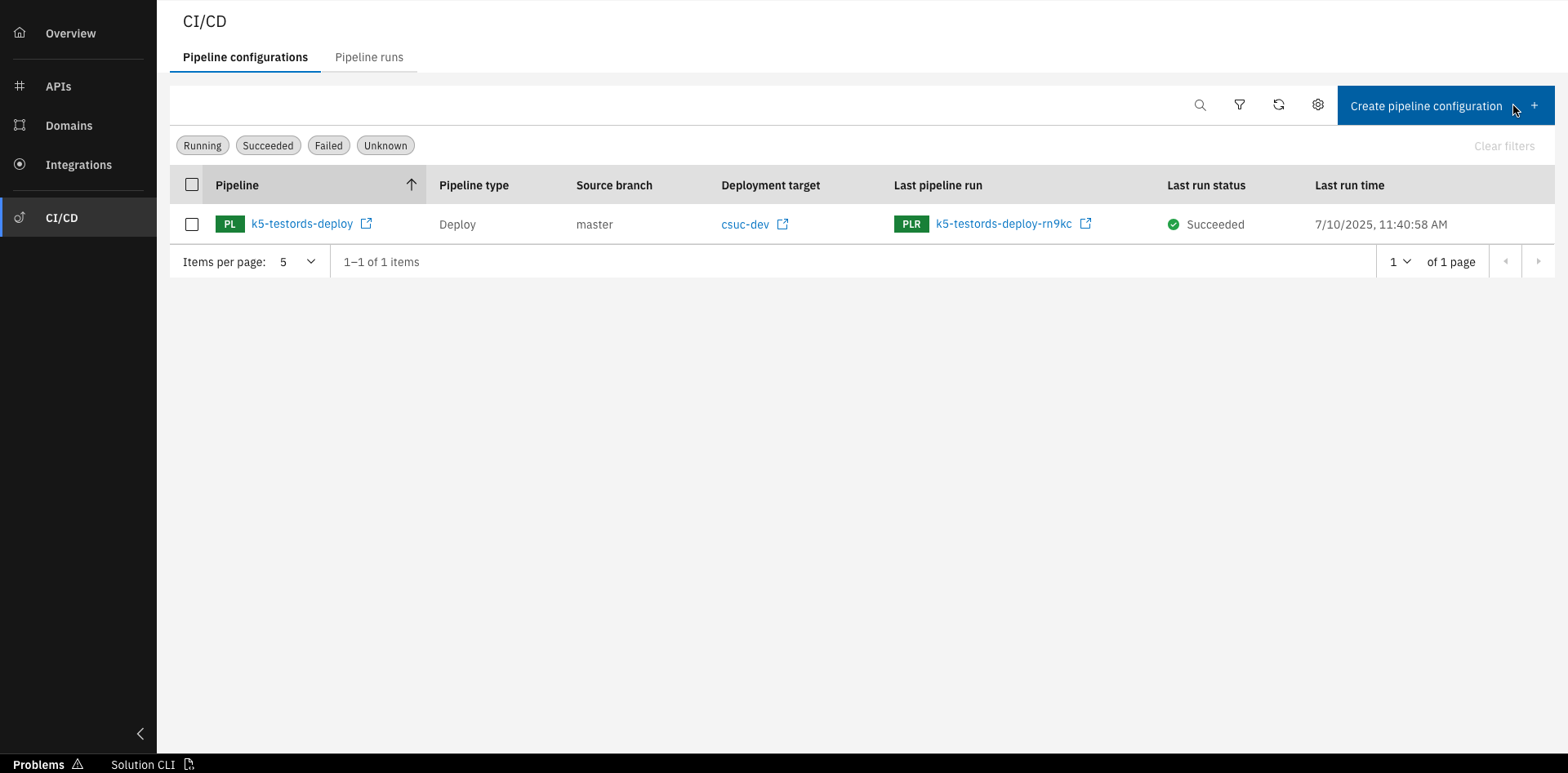 Pipeline page view with creation button
