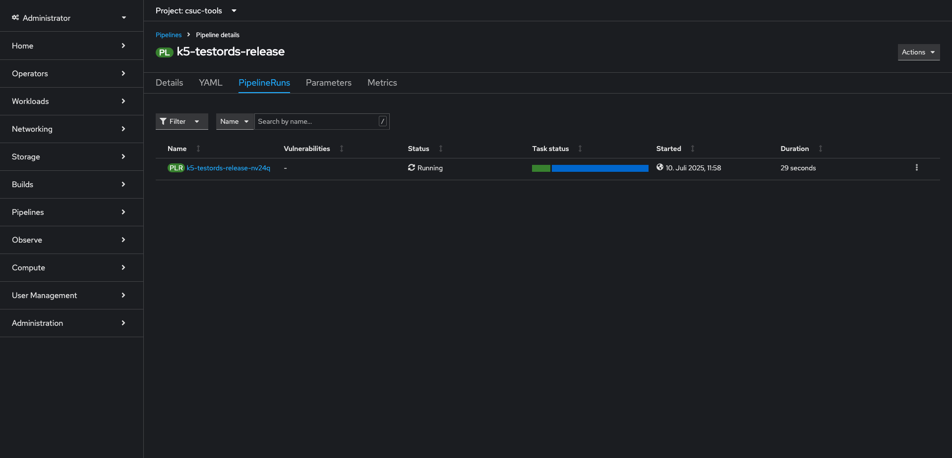 Pipeline detail page in Red Hat